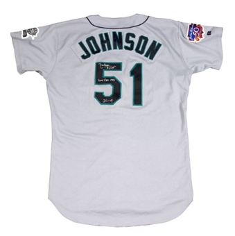 1997 Randy Johnson Game Worn and Signed Seattle Mariners Road Jersey (MEARS A-10) (Johnson LOA)